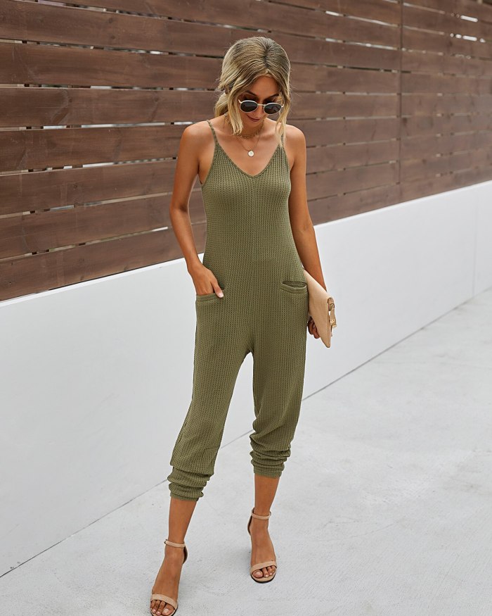 Women's Jumpsuit New Fashion Summer Solid Color V-neck Pocket Sling Women's Jumpsuit Casual Jump Suits for Women
