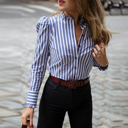 Women's shirt 2021 Women stripe Long Sleeve blouse Ray Puff Sleeve Ladies Workwear Ruffle Hem Casual Blouse Elegant Small Top