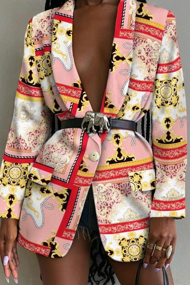 Women Vintage Print Blazer Single Breased Elegant High Street Office Lady Casual Blazer Jackets Fall Top Chaquetas Para Mujer