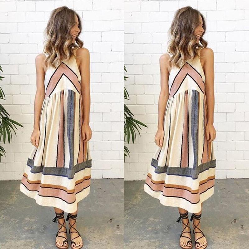 Bear Shoulder Stripe Print Sleeveless Tee Length Dress