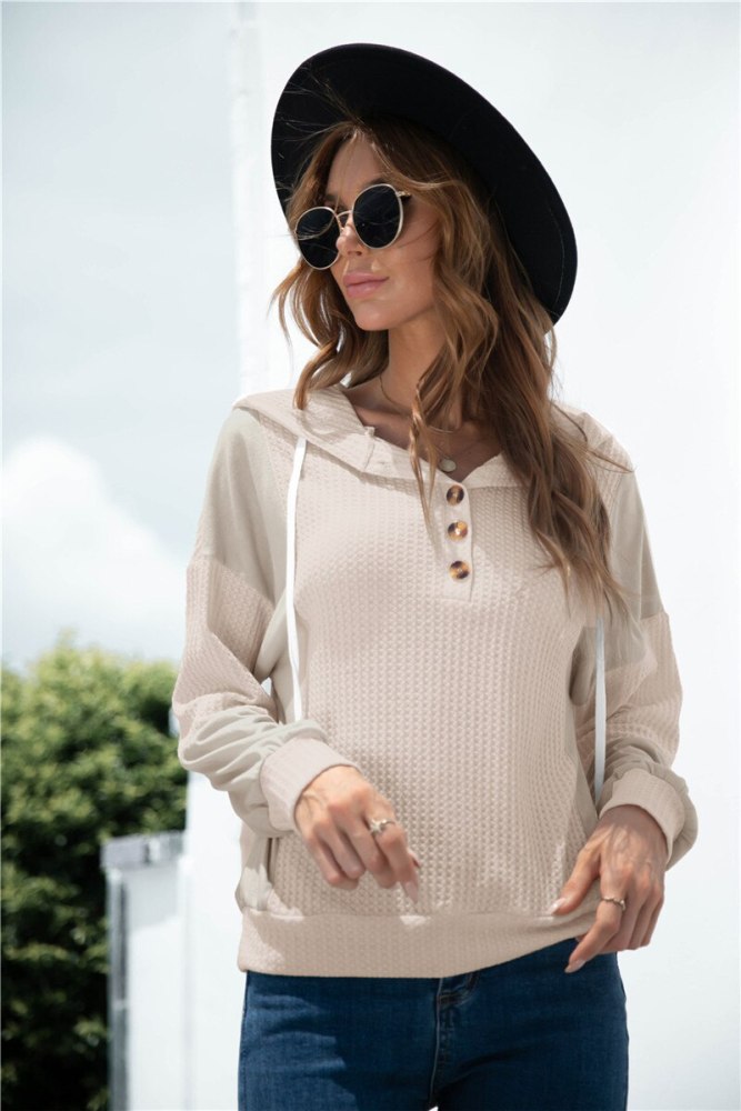 Women's Top Spring Autumn Loose Patchwork T-Shirts Hoodies Button V-Neck Long Sleeve Tops Woman's Clothing 2021 Y2K Ropa Mujer