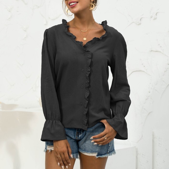 Autumn Fashion Casual Cute Tops Blouse Shirts V Neck Solid Shirt Ruffled Design Long Flare Sleeves Button Elegant Shirt Female