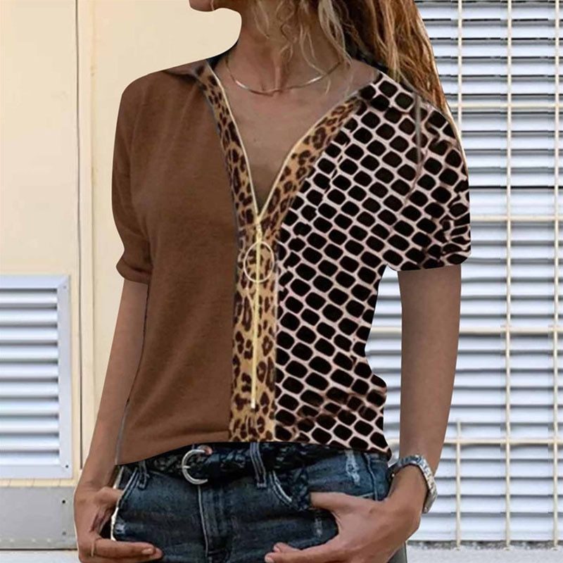 Fashion Women's Leopard Print Hit Color Zipper Short-sleeved Shirt Slim Casual Summer Street Fashion Cotton Women's Tops T-shirt