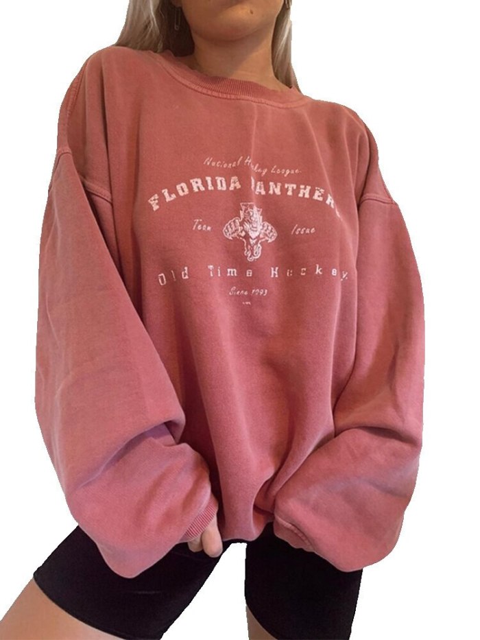 Pink Tops Letter Printing Oversized Crewneck Sweatshirt Women Loose Vintage Harajuku Cute Long Sleeve Fashion Clothes for Teens