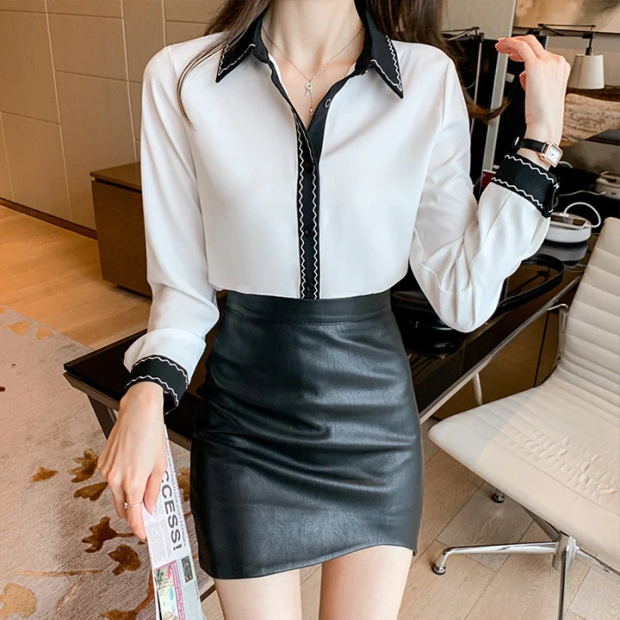 Long-sleeved Shirt Contrast Color Stitching Blouse Temperament Lady Chiffon Shirt Autumn 2021 New