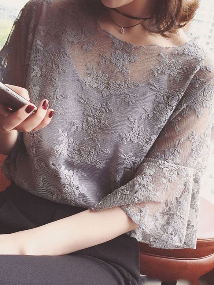 Summer Cotton Women Round Neck See-Through Floral Plain Bell Sleeve Short Sleeve Blouses