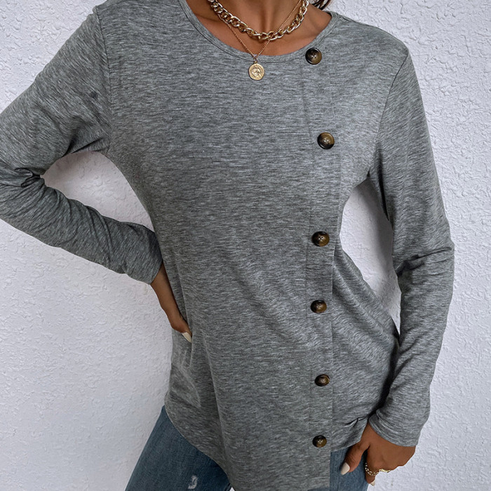 2021 Autumn T-shirts Women's T-shirts Gray Button Tops