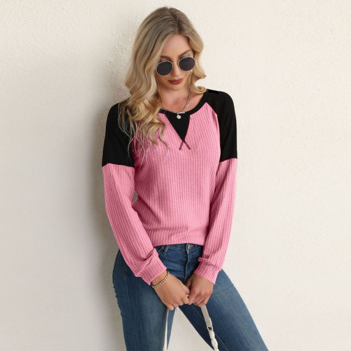 2021 Spring and Autumn Knitted Pullover Top Round Neck Stitching Long-sleeved Sweater England Style Women's Fashion Clothing