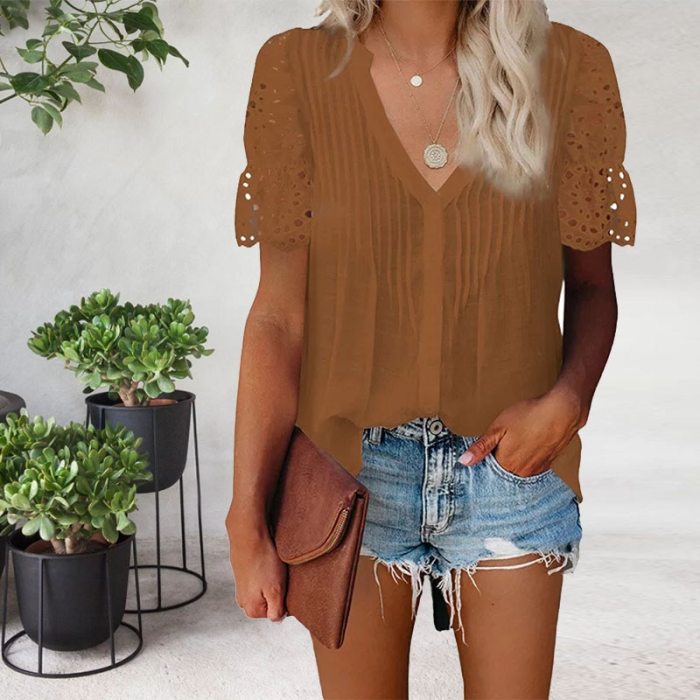 Summer Solid Color V-neck Pleated Lace Stitching Short-sleeved Shirt Casual Elegant Chiffon Shirt 6 Colors Plus Size S-5XL