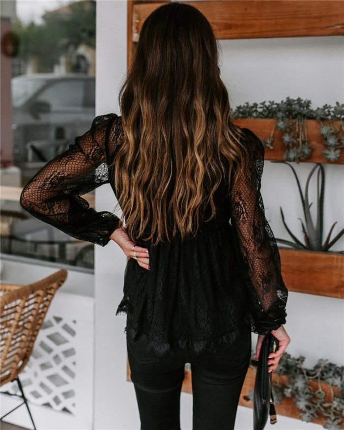Women Shirts Autumn Mesh Sheer See Through Sleeve Patchwork Blouses 2021 New Fashion Sexy Lace V-neck Hollow Out OL Shirts