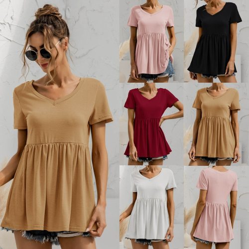 Women t shirt 2021 Summer Tops V-Neck Short Regular Sleeves Loose Long Solid Classic Casual Women's A-line T-shirt