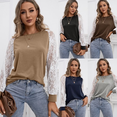 Women Round Neck Ladies Fashion Casual Long Sleeve Tops Sexy Lace Pullover Plus Size T-Shirt Solid Color Loose Cotton Tops