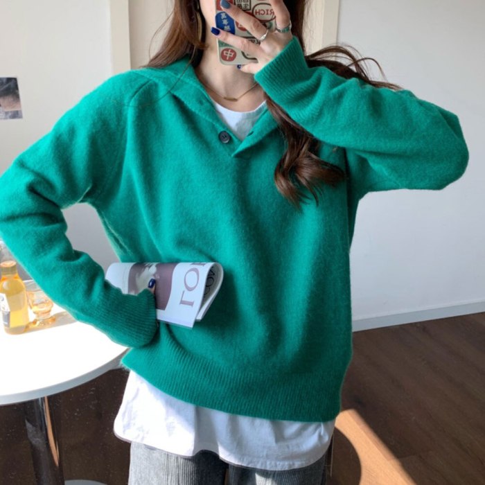 Women Elegant Button Turtleneck Sweater Korean Harajuku Solid Loose Pullovers Vintage Chic Knitting Jumpers Oversized Tops