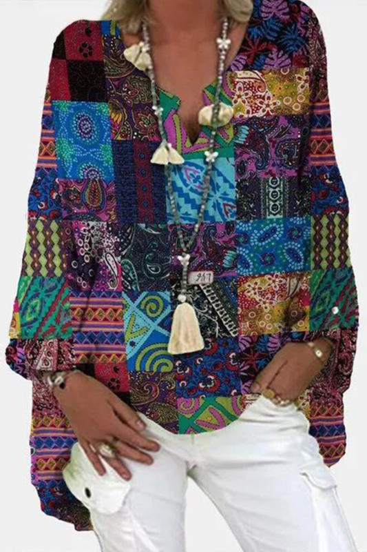 V-Neck Linen Cotton Blouse Shirts Floral Print Tops