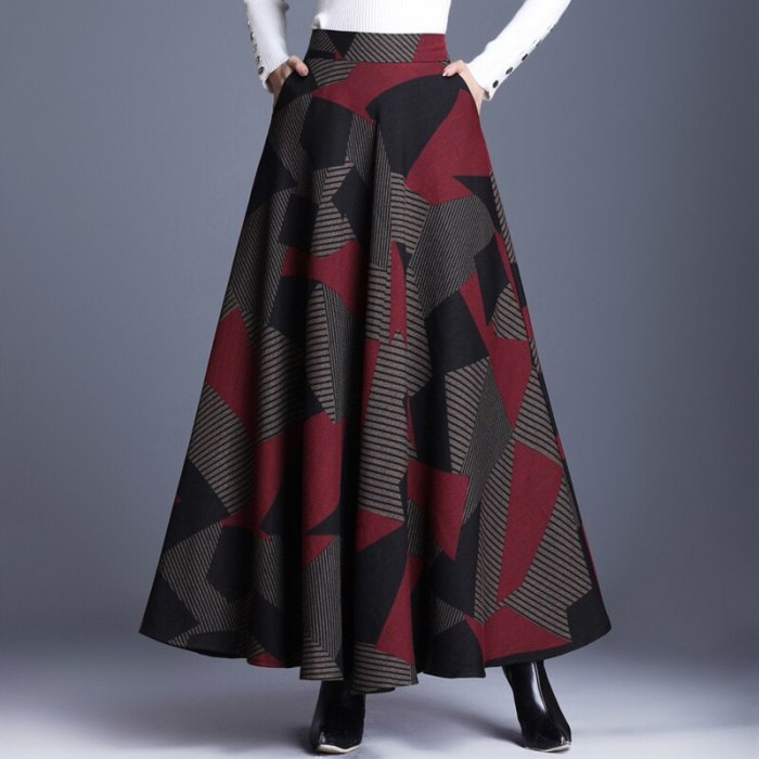 Elegant Women High Waist Retro Woolen Skirts 2020 Fashion Autumn Winter Female Wool Geometric Maxi Office Skirt Plus Size 3XLS61