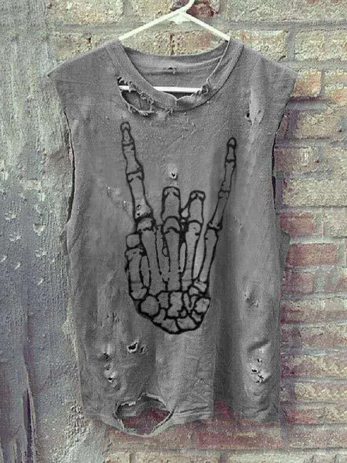 Casual Punk Style Skull Finger Print T Shirts Summer Women Loose Sleeveless Hole Vest Tops Tees 2021 Femme Tshirt Plus Size 3XL