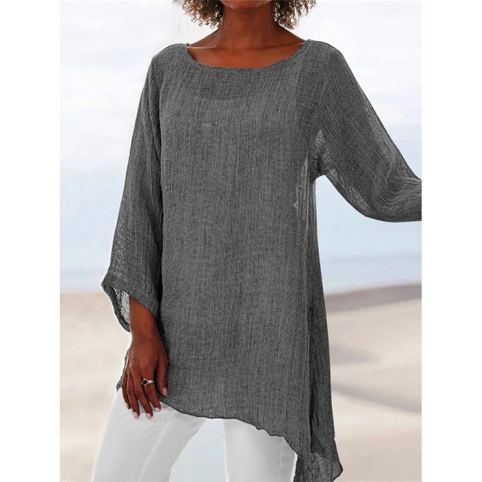 Women Tunic Cotton Linen Tops And Blouses Casual Solid Shirt