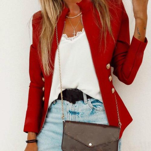 Button Stand Collar Women Jacket Fashion Street Long Sleeve Red Blue Coat Office Work Lady Slim Thin Jacets Woman Red Black Blue