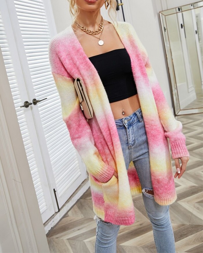 Autumn vintage cardigans winter new women's sweater 2021 rainbow tie-dye mid-length plus size cardigan knitted sweater jacket