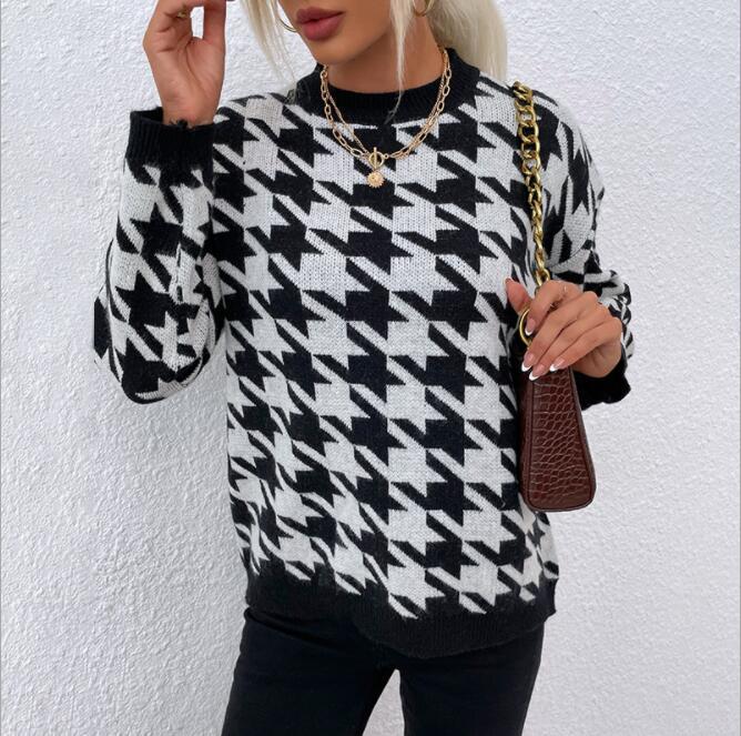Sweater Women Pullover Knitted Geometric Khaki Female Lady Jumpers Houndstooth Long Sleeve Casual Autumn Winter Vintage Sweaters