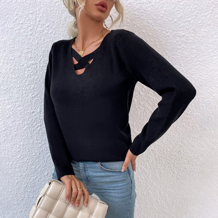 New Arrival 2021 Autumn Winter Pullover Women Solid Color V-Neck Cross Hollow Out Sweaters Female Sexy Knitted Tops Fall Clothes