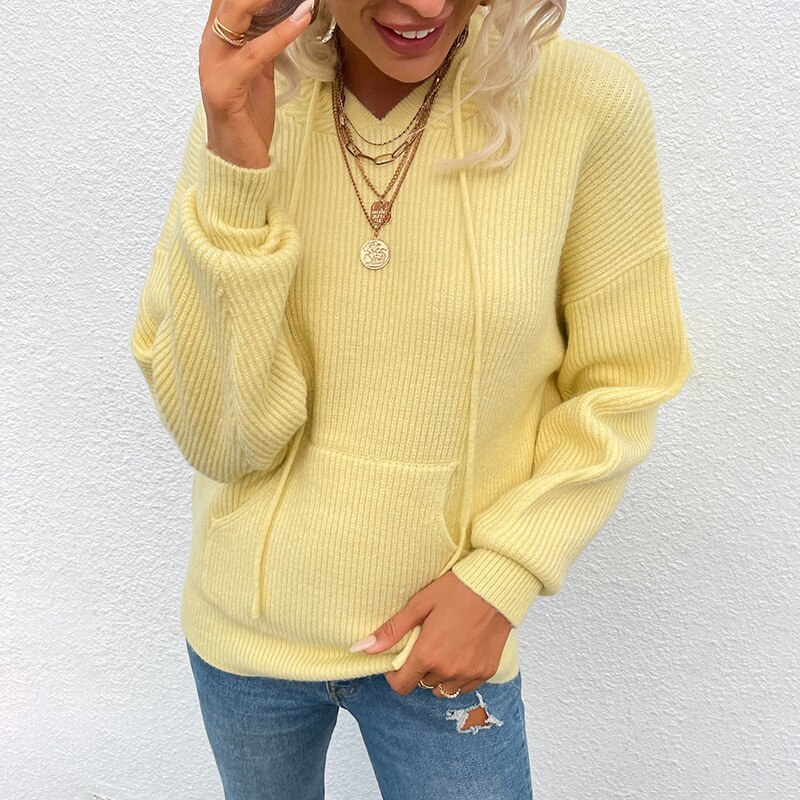 Autumn Women Patchwork Hooded Sweater Long Sleeve V-neck Knitted Sweater Casual Striped Pullover Jumpers 2021 New Female Hoodies