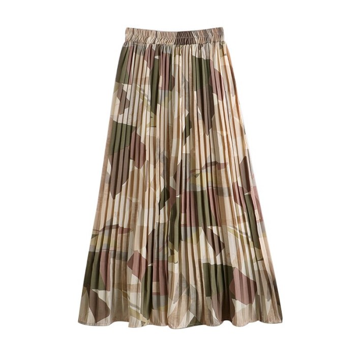 2021 New Vintage Geometric Printed Tulle Pleated Women's Mi-Long Skirts High Waist Female Umbrella Skirts Spring Summer
