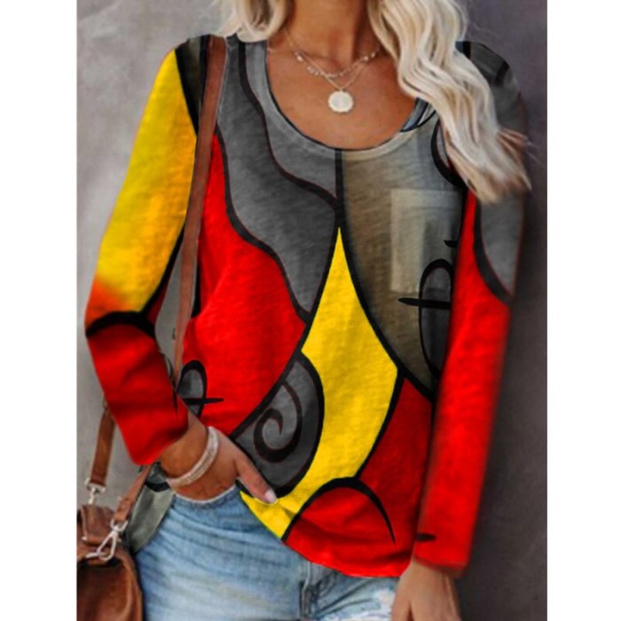 2021 Autumn And Winter New Style European And American Contrast Stitching Geometric Printing Casual Long-Sleeved T-Shirt Women
