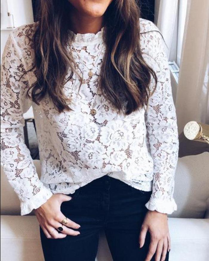Round Neck Long Sleeve Lace Top