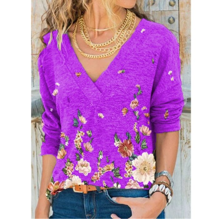 Women's V-neck Flower Print Long-sleeve Casual Loose T-shirt
