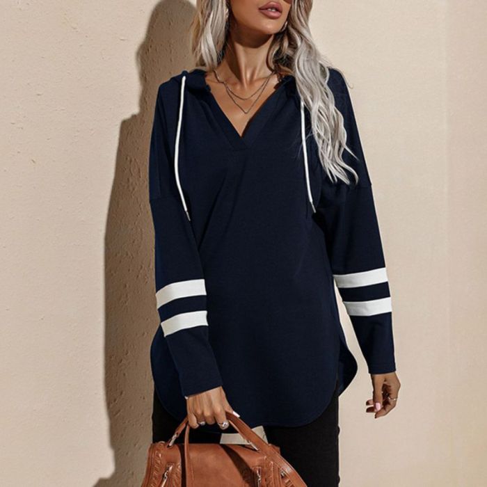 Spring and Autumn Women's Fashion V-neck Loose color contrast stripe stitching Casual Bat Sleeve Hoodie Sweatshirt