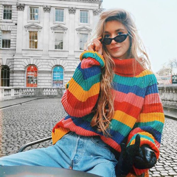 Oversize Rainbow Puff Shoulder Pullover Sweater