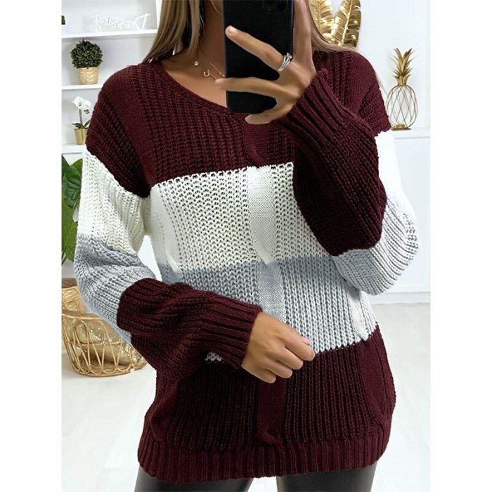 V-Neck Color Block Knitted Pullover Women Loose Plus Size Casual Sweater Acrylic Fashion Long-Sleeved Sweater Autumn and Winter