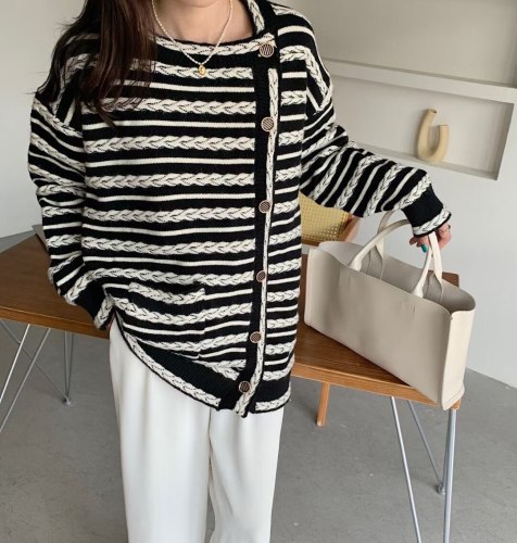 knitted cardigan women's outside with lazy wind loose 2021 autumn new design striped sweater coat