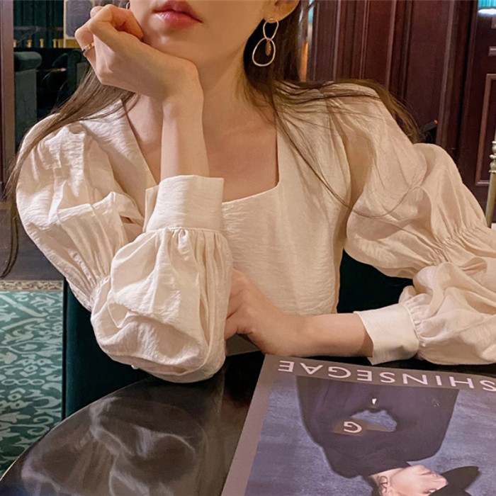 Women Pleated Square Collar Blouse Puff Sleeve Shirts