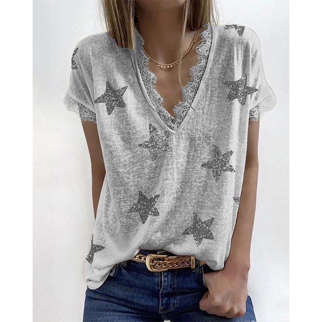 2021 New V-neck T-Shirt Fashion Star Printed Short Sleeve Sexy Lace Casual Basic Tees Female Summer Plus Size S-5XL Clothes Tops
