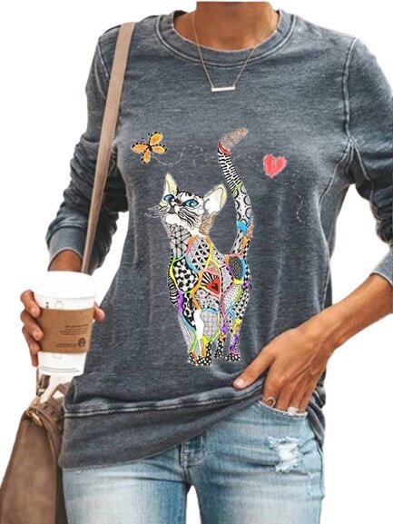 Cat Print Blouse Shirt Women Casual Long-Sleeved Pullover Tops