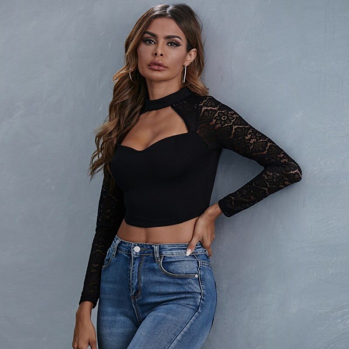 Fall 2020 sexy Crochet Lace low-cut long-sleeved top