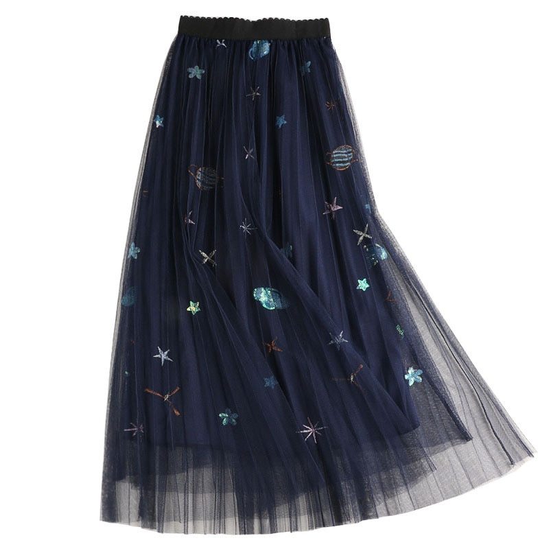 Sweet Embroidered Pleated Tulle Skirt Women Summer A Line Long Skirts High Waist Sequined Planets Mesh Maxi Skirts