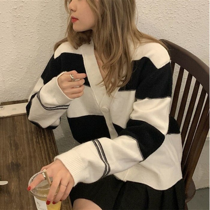 Women's Sweater Striped Knit Cardigan Jacket Loose V-neck Long Sleeve Top Single Breasted Coat Autumn 2021 Women's Clothing