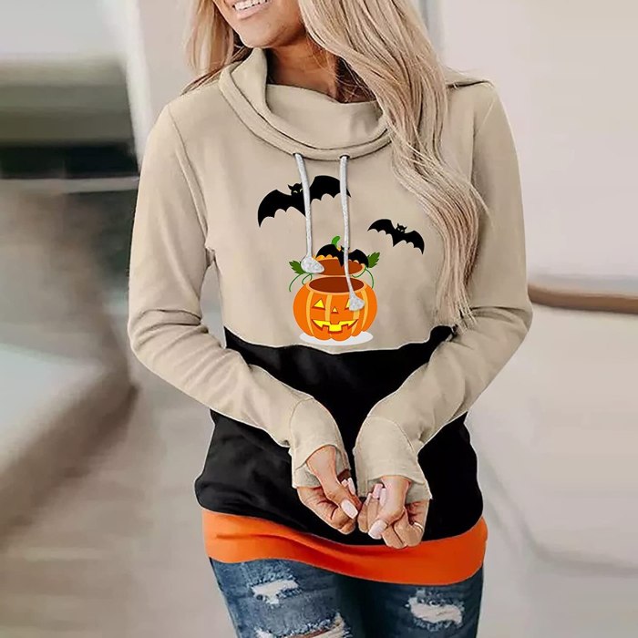 New Autumn Halloween Women Hoodies Skeleton Hand Pumpkin Print High Neck Drawstring Loose Sweatshirt Casual Long Sleeve Pullover