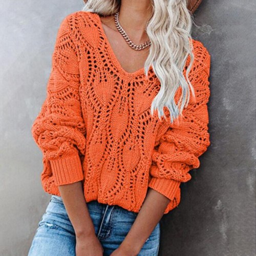 Long Sleeve Knitted Sweaters Women Jumper Autumn Elegant V Neck Office Lady Sweater Spring Loose Solid Hollow Out Tops Pullover