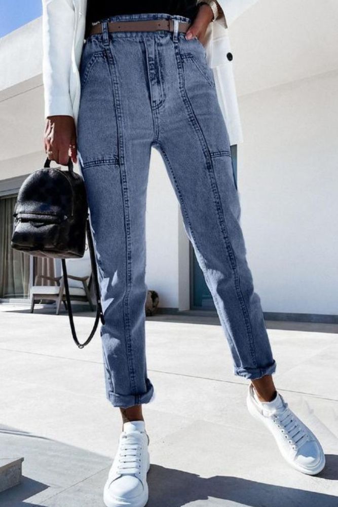 Jeans Women Solid Color Vintage Button High Waist Pocket Elastic Hole Jeans Trousers Slim Denim Pants Denim Shorts Jean Women