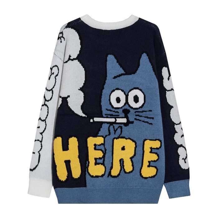 Women Funny Cat Print Oversize Pullover Sweaters