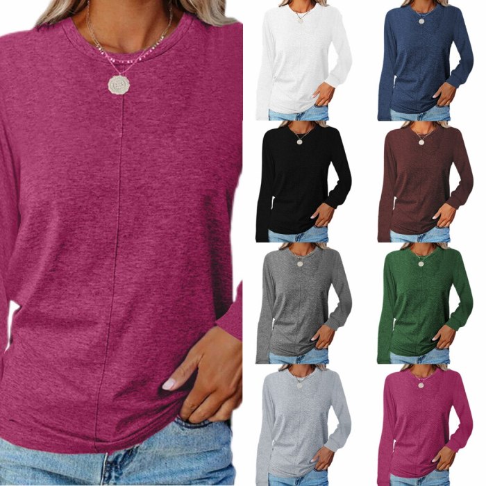 European and American women's 2021 autumn and winter new long-sleeved Solid color round neck T-shirt sweater bottoming shirt