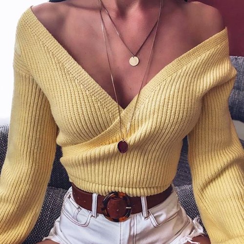 Wrap Over Puff Shoulder Knit Short Sweater