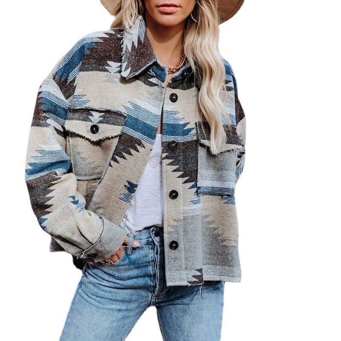 Autumn and winter women's retro ethnic geometric print woolen long-sleeved loose fashion jacket female