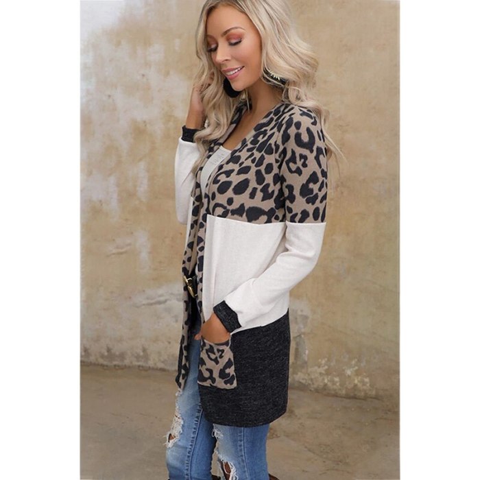 Autumn Winter Fashion Knitting Leopard Patchwork Cardigan Women's Jacket 2021 Casual Long Sleeve Loose Pocket Ladies Jacket Coat