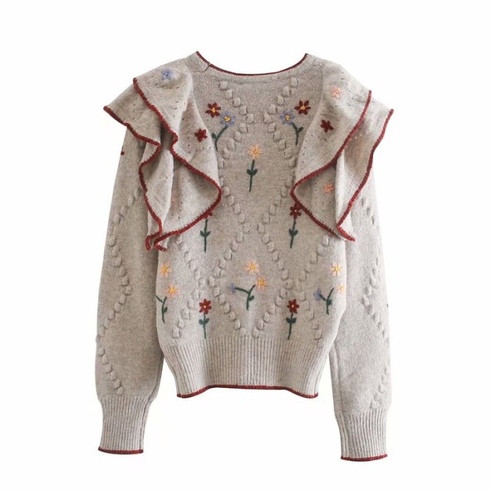 Embroidered V-neck Knitted Sweater Ruffled Long-Sleeve Cardigan
