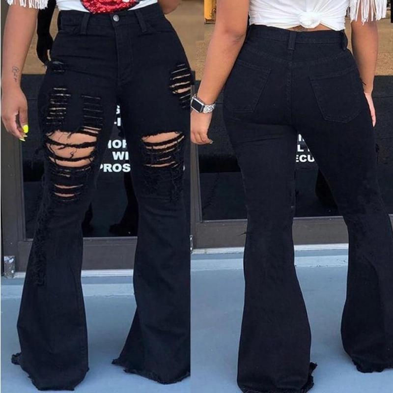 2020 Casual Distressed Flair Jeans Women Autumn Slim High Waist Stretch Holes Denim Wide Leg Pants Trousers Streetwear Jeans